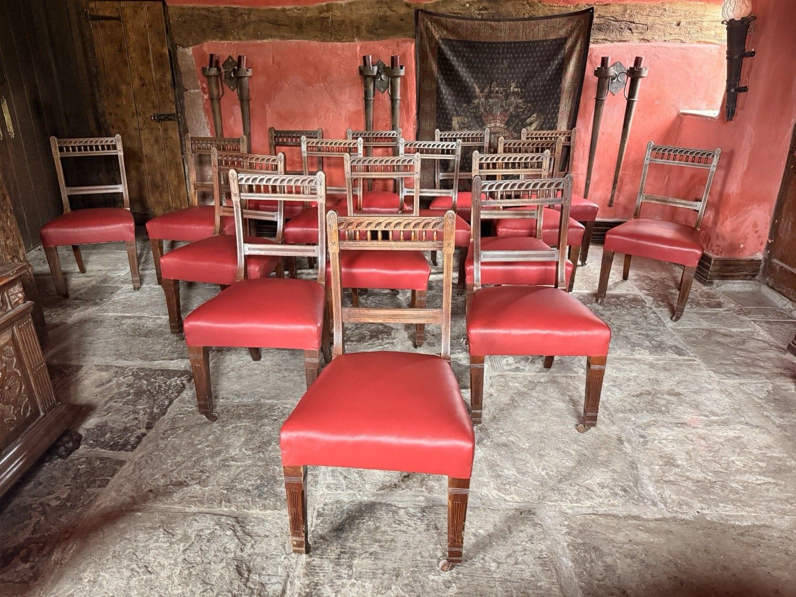 Large Set Of 16  Antique  Arts & Craft Mahogany Red Leather Diner Dining Chairs photo for sale