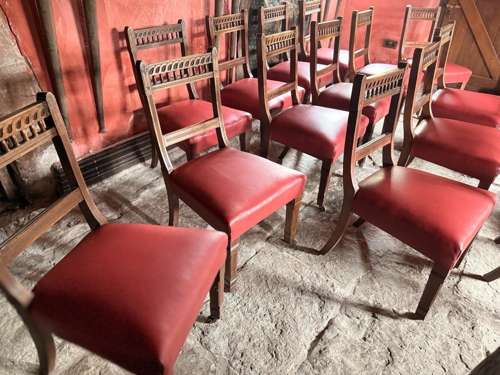 photo for sale Large Set Of 16  Antique  Arts & Craft Mahogany Red Leather Diner Dining Chairs