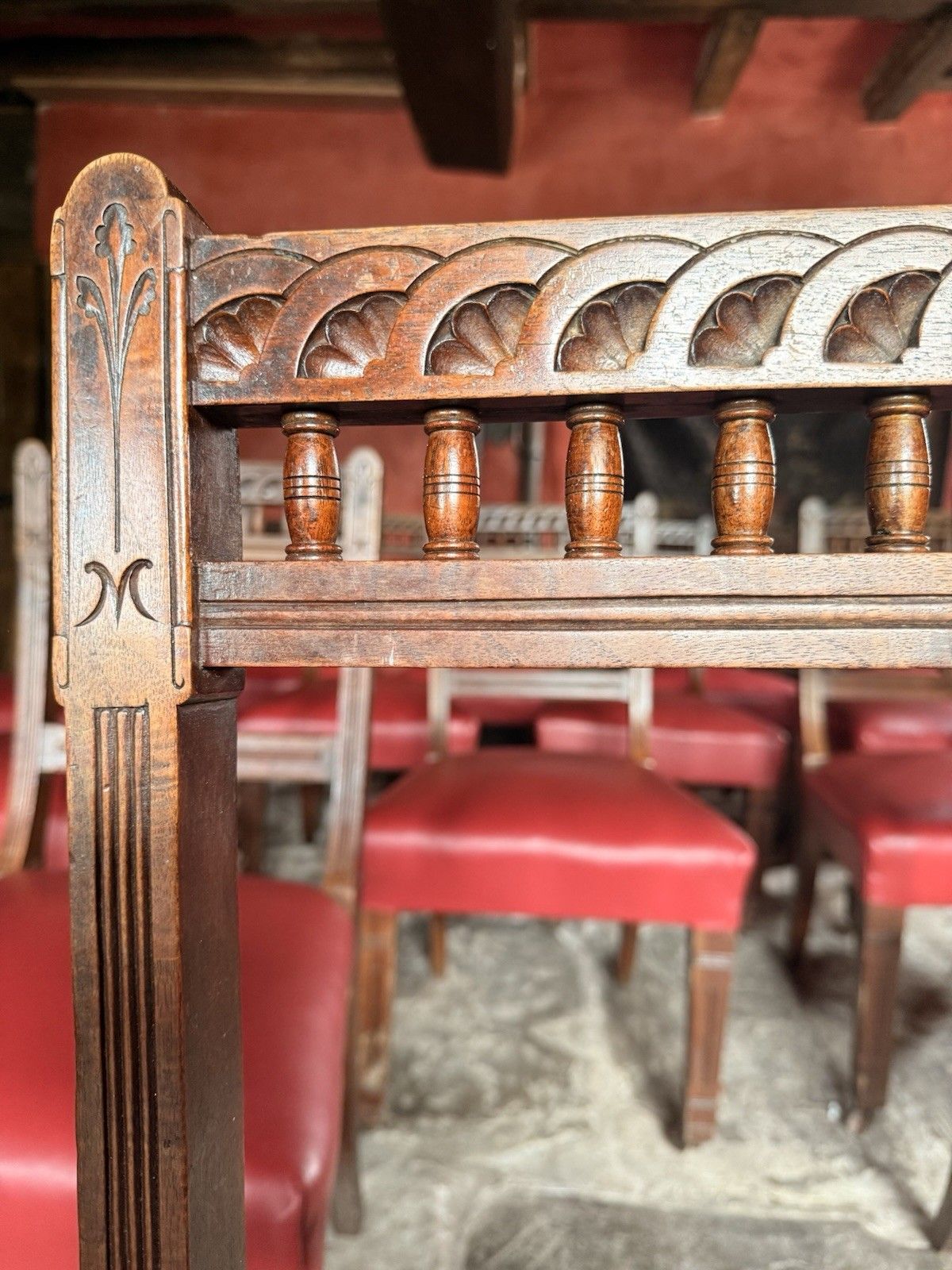 1499.0 Large Set Of 16  Antique  Arts & Craft Mahogany Red Leather Diner Dining Chairs photo