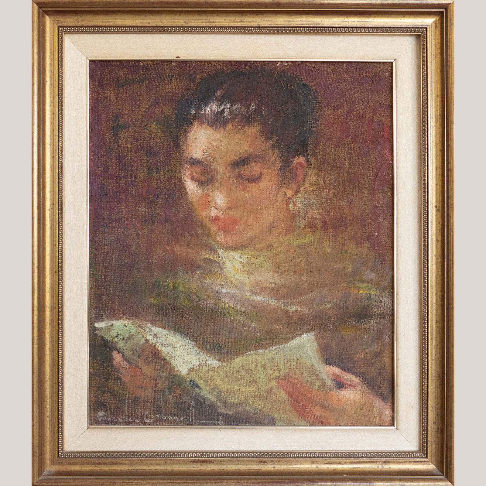 Vintage Portret Van Een Koormeisje Lezend – Olieverfschilderij Van Carbonell González photo furniture
