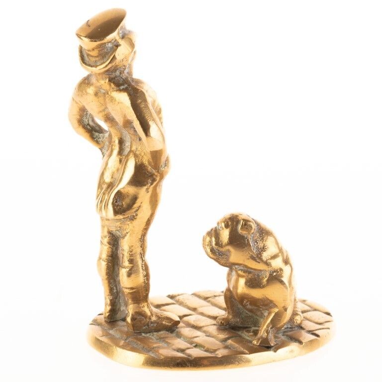 Antique Brass Sculpture Of Gentleman And Dog photo furniture