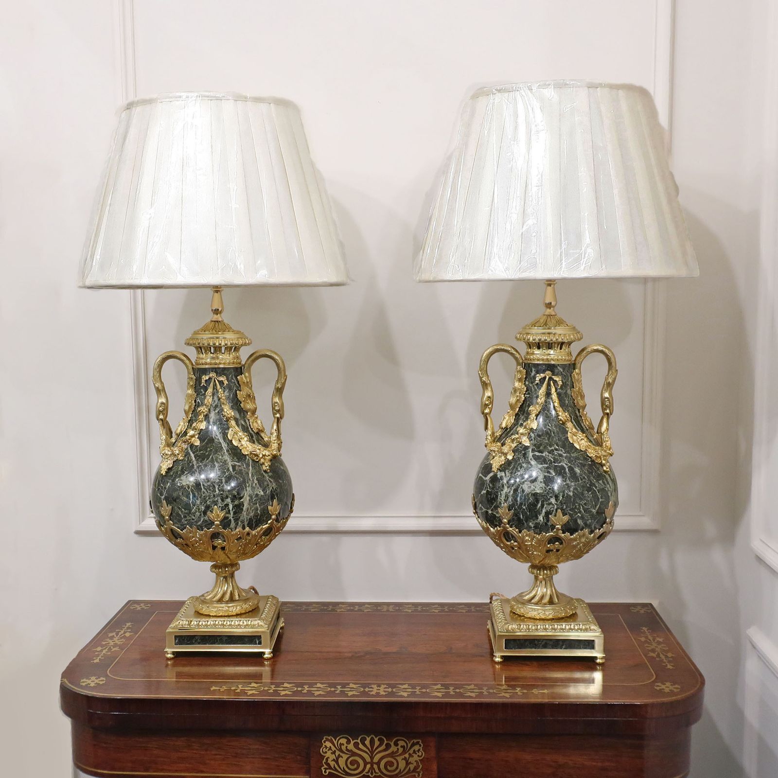 Pair Of French Louis XVI Style Marble & Gilt Bronze Table Lamps
