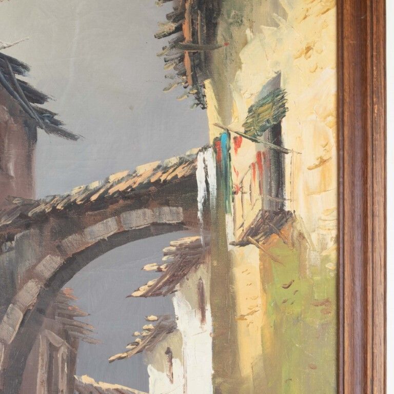 Spanish Oil Painting On Canvas Of Sevilla Street Signed Jose Rodriguez photo for sale