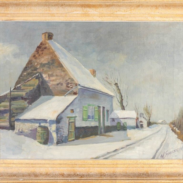 Winter Village Landscape Oil Painting On Canvas Signed photo furniture