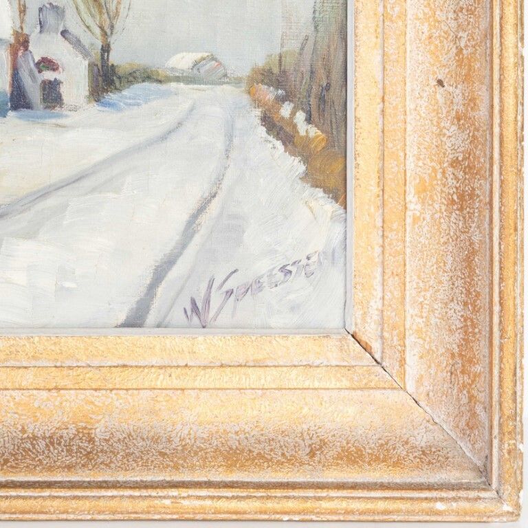 Winter Village Landscape Oil Painting On Canvas Signed photo 475.0