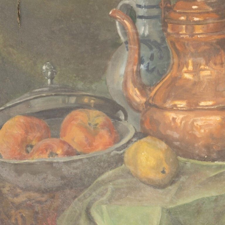 Still Life Copper Kettle & Fruits Oil Painting On Canvas Signed photo for sale