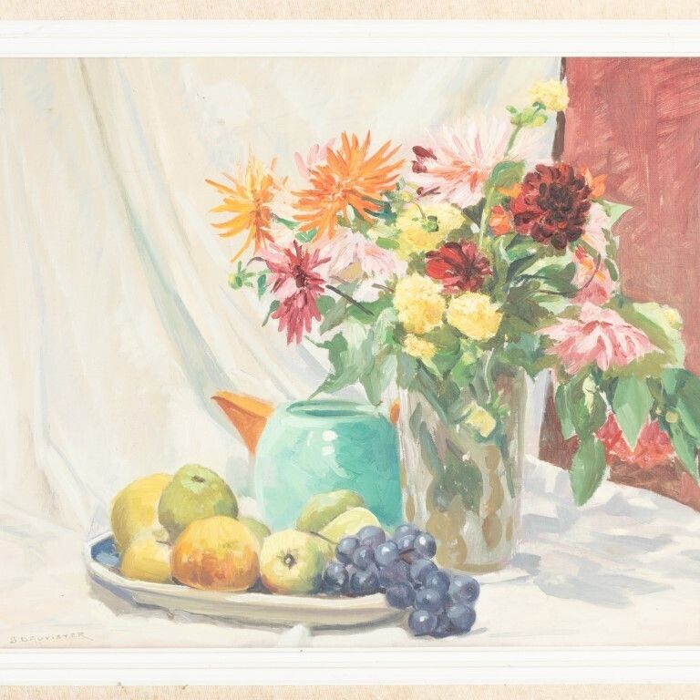 French Still Life Flowers Oil Painting On Canvas Signed S. Dauvister photo furniture