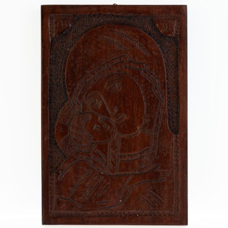 Folk Art Religious Madonna & Child Wooden Icon Carving