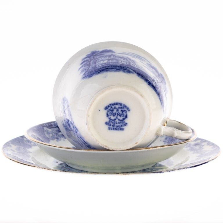 Antique Old English Scenery Heathcote Porcelain Teacup & Saucers photo furniture