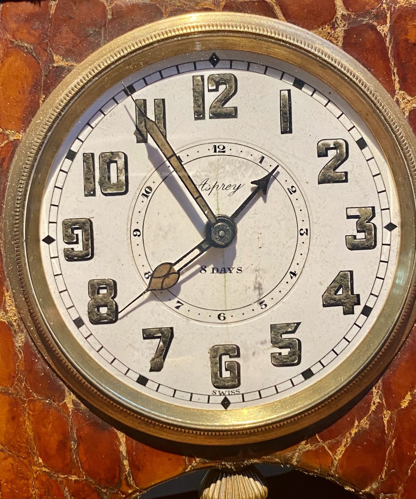 photo vintage Rare Asprey London Antique Crocodile Skin Travel Desk Clock Pocket Watch Art Deco Circa 1930s Traveling Alarm Clock