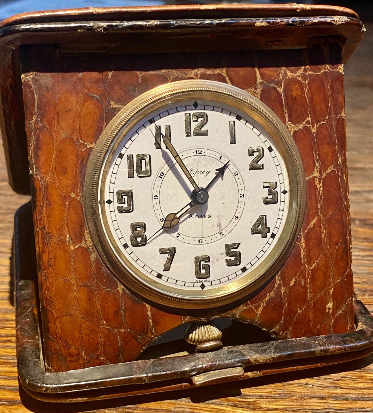 Rare Asprey London Antique Crocodile Skin Travel Desk Clock Pocket Watch Art Deco Circa 1930s Traveling Alarm Clock