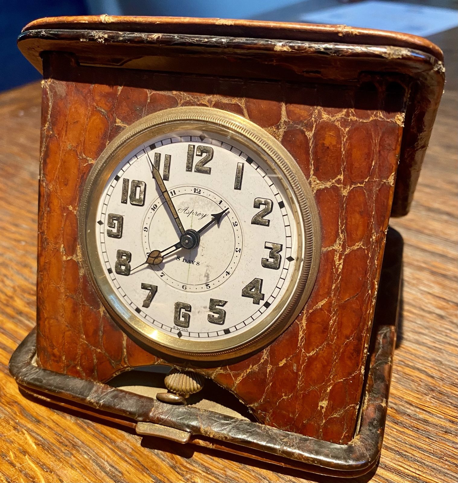 Rare Asprey London Antique Crocodile Skin Travel Desk Clock Pocket Watch Art Deco Circa 1930s Traveling Alarm Clock photo furniture