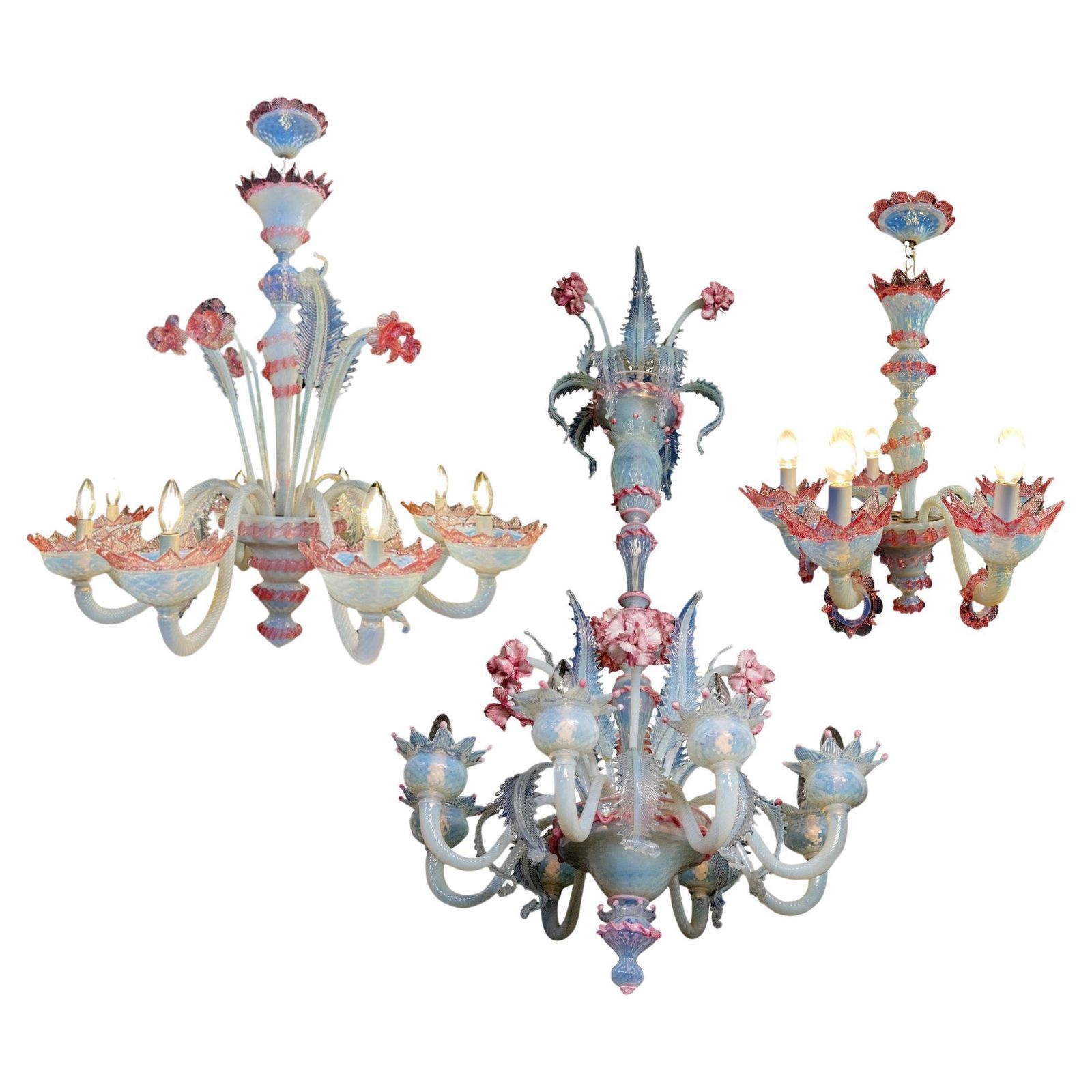 Stunning Trio Light Blue And Pink Venetian Chandeliers, Murano, 1950s