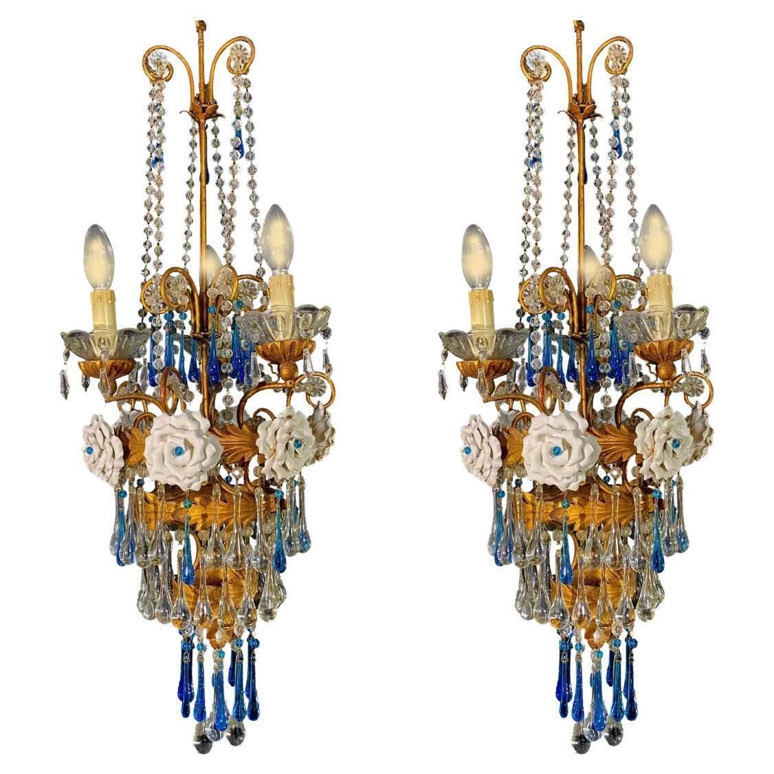 Pair Of Lovely Chandeliers With White Roses And Blue Drops, Murano, 1950s