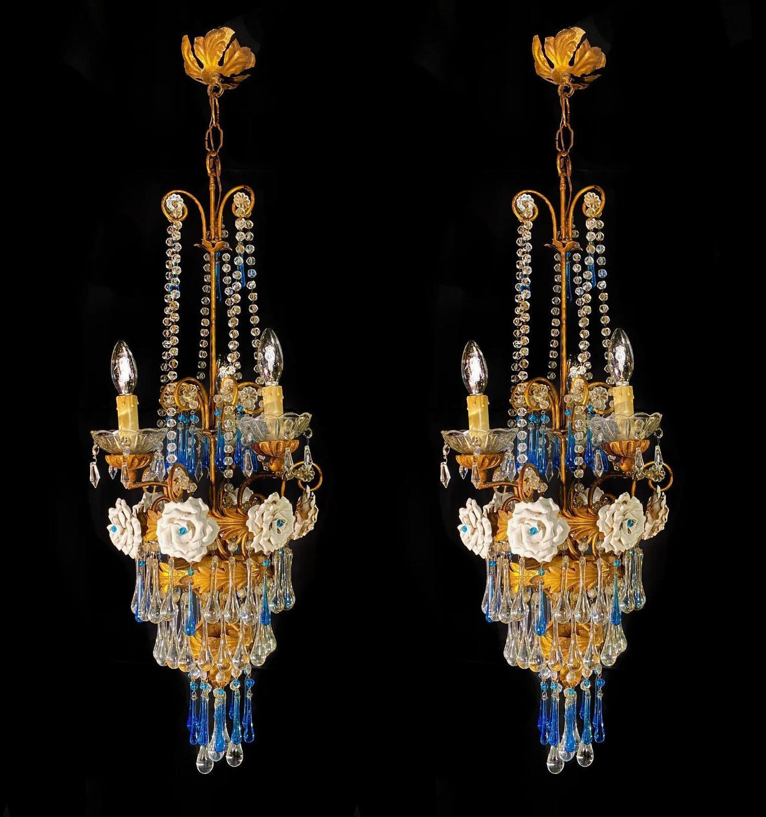 Pair Of Lovely Chandeliers With White Roses And Blue Drops, Murano, 1950s photo furniture