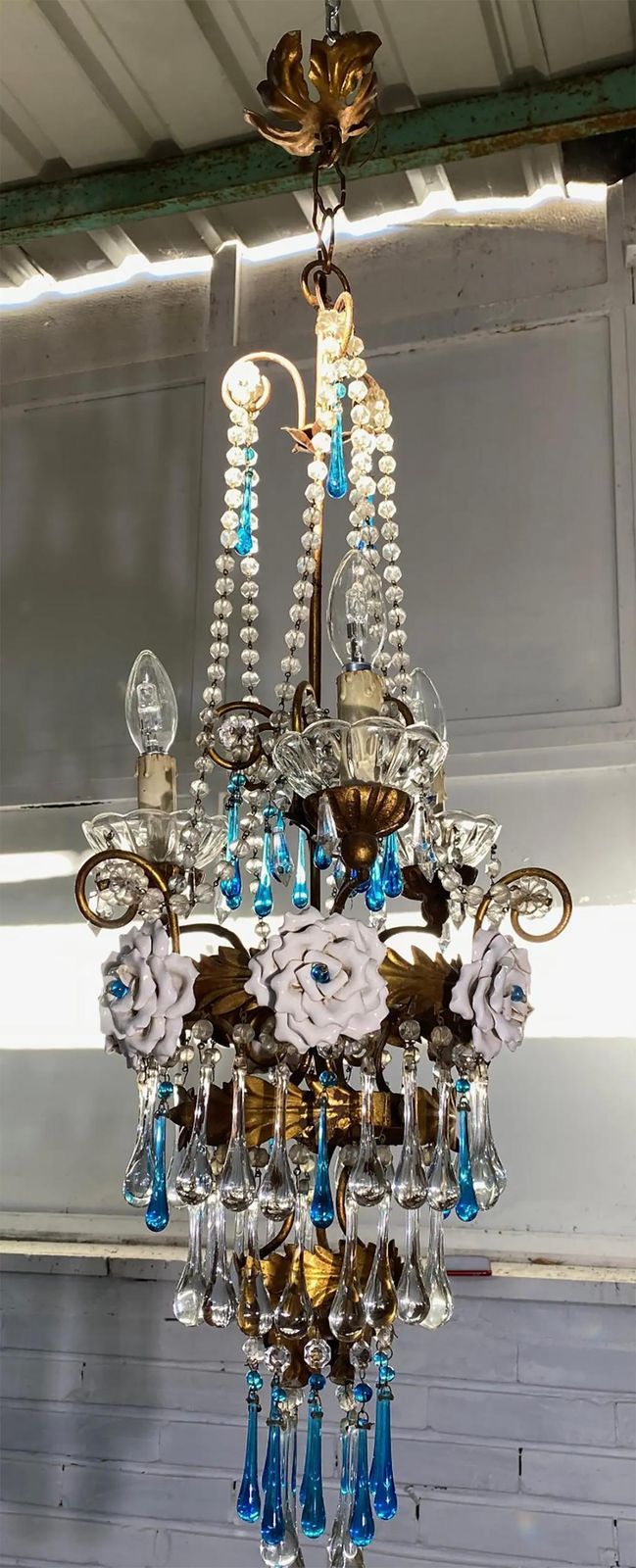 Pair Of Lovely Chandeliers With White Roses And Blue Drops, Murano, 1950s photo 4632.0