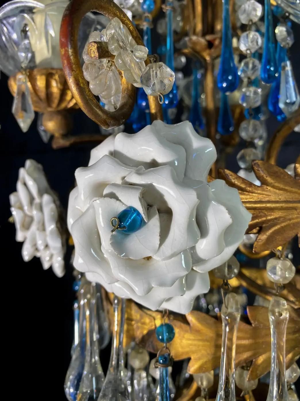 photo for sale Pair Of Lovely Chandeliers With White Roses And Blue Drops, Murano, 1950s
