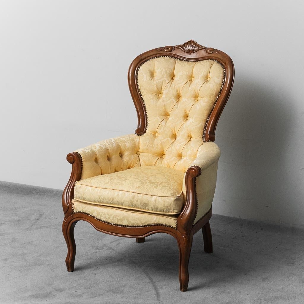 Pair Of Louis Philippe Style Armchairs Wood Yellow Fabric XIX photo vinterior