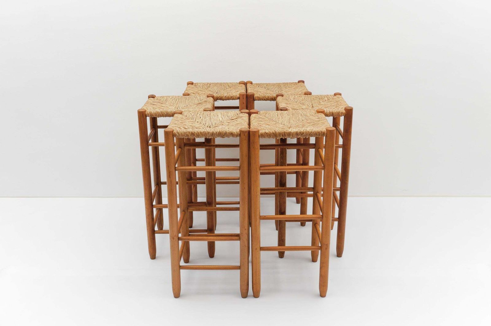Set Of 6 Mid Century Bar Stools In Wood And Bast, 1960s Italy photo furniture
