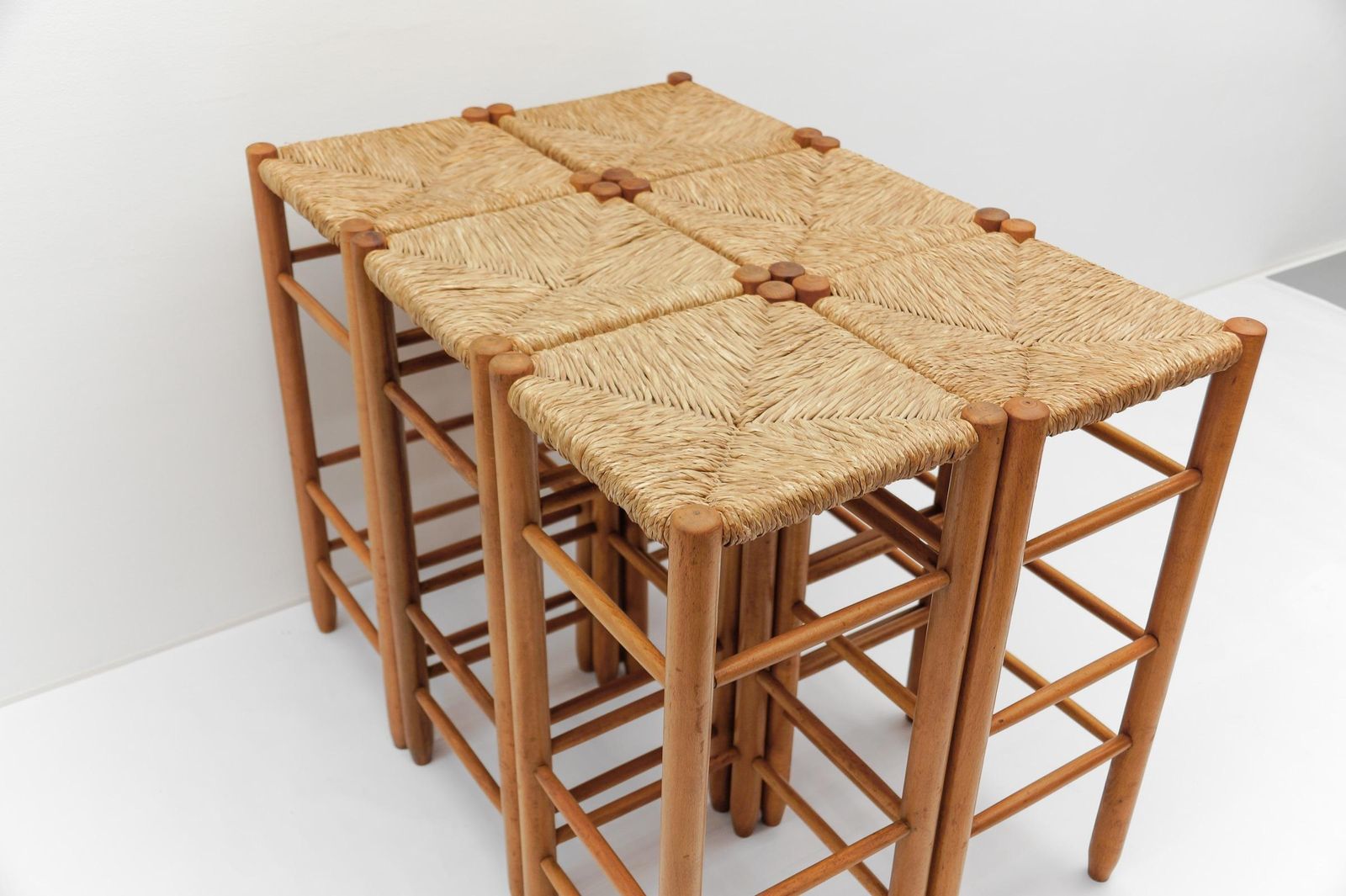 Set Of 6 Mid Century Bar Stools In Wood And Bast, 1960s Italy photo buy