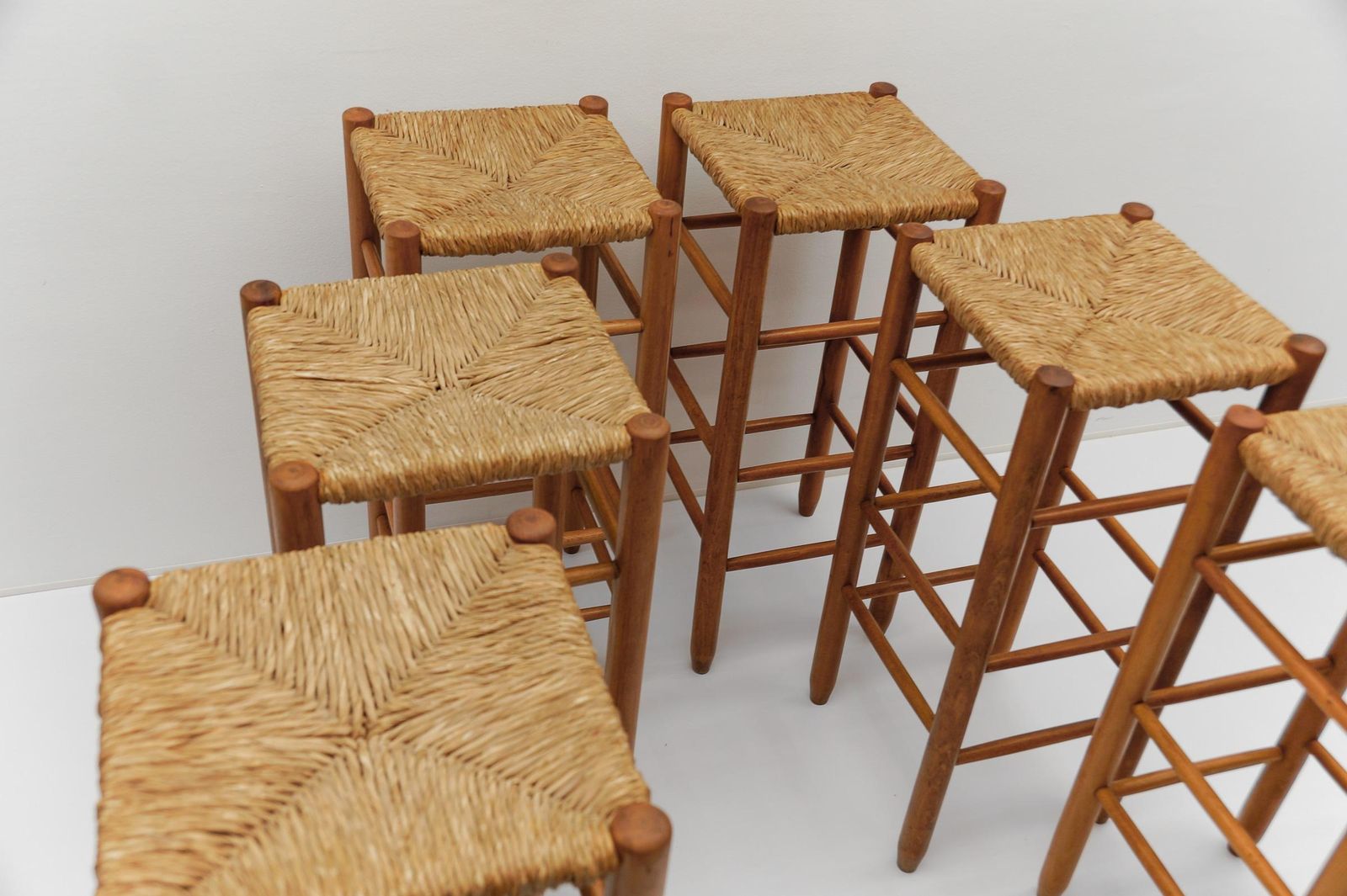 photo furniture Set Of 6 Mid Century Bar Stools In Wood And Bast, 1960s Italy