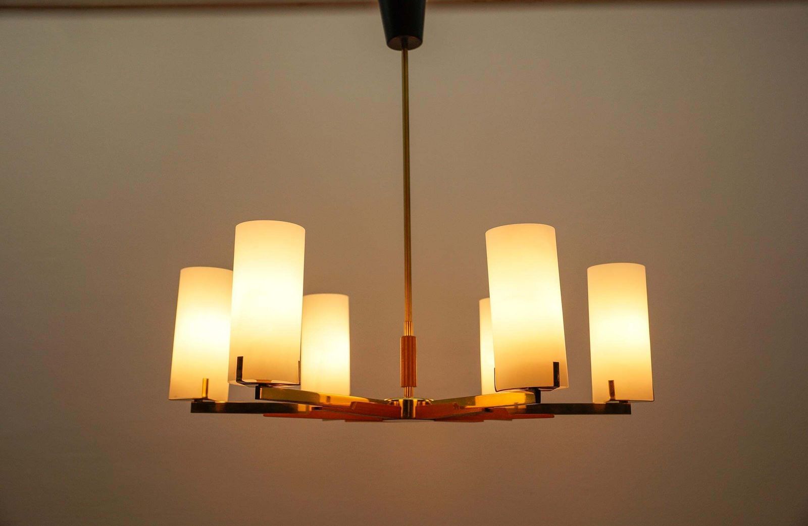 Teak, Brass And Opaline Glass Pendant Lamp By Kaiser Leuchten, 1960s photo 2101.0
