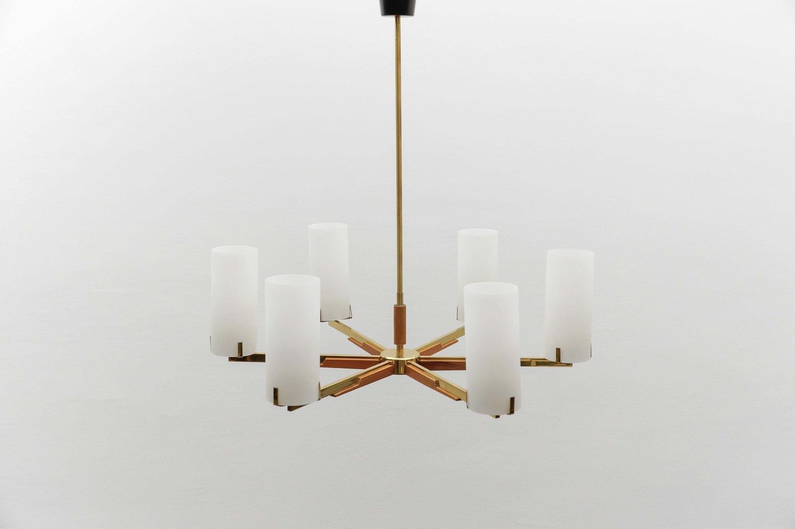 Teak, Brass And Opaline Glass Pendant Lamp By Kaiser Leuchten, 1960s photo vinterior