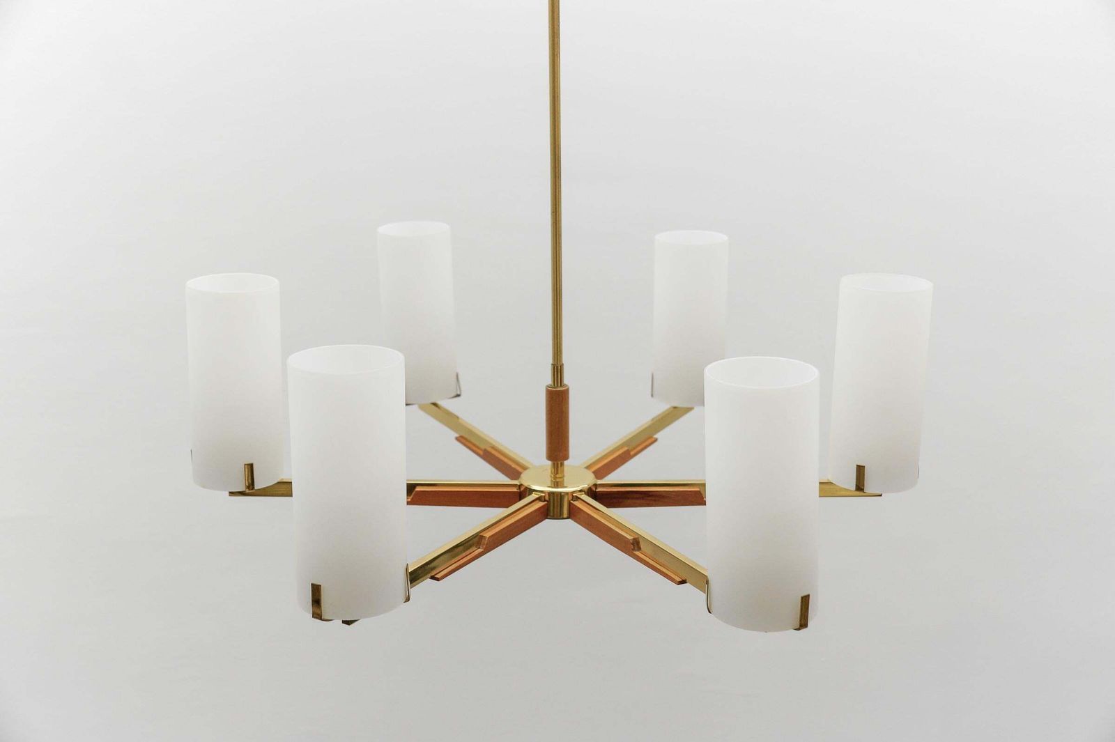 Teak, Brass And Opaline Glass Pendant Lamp By Kaiser Leuchten, 1960s photo vintage