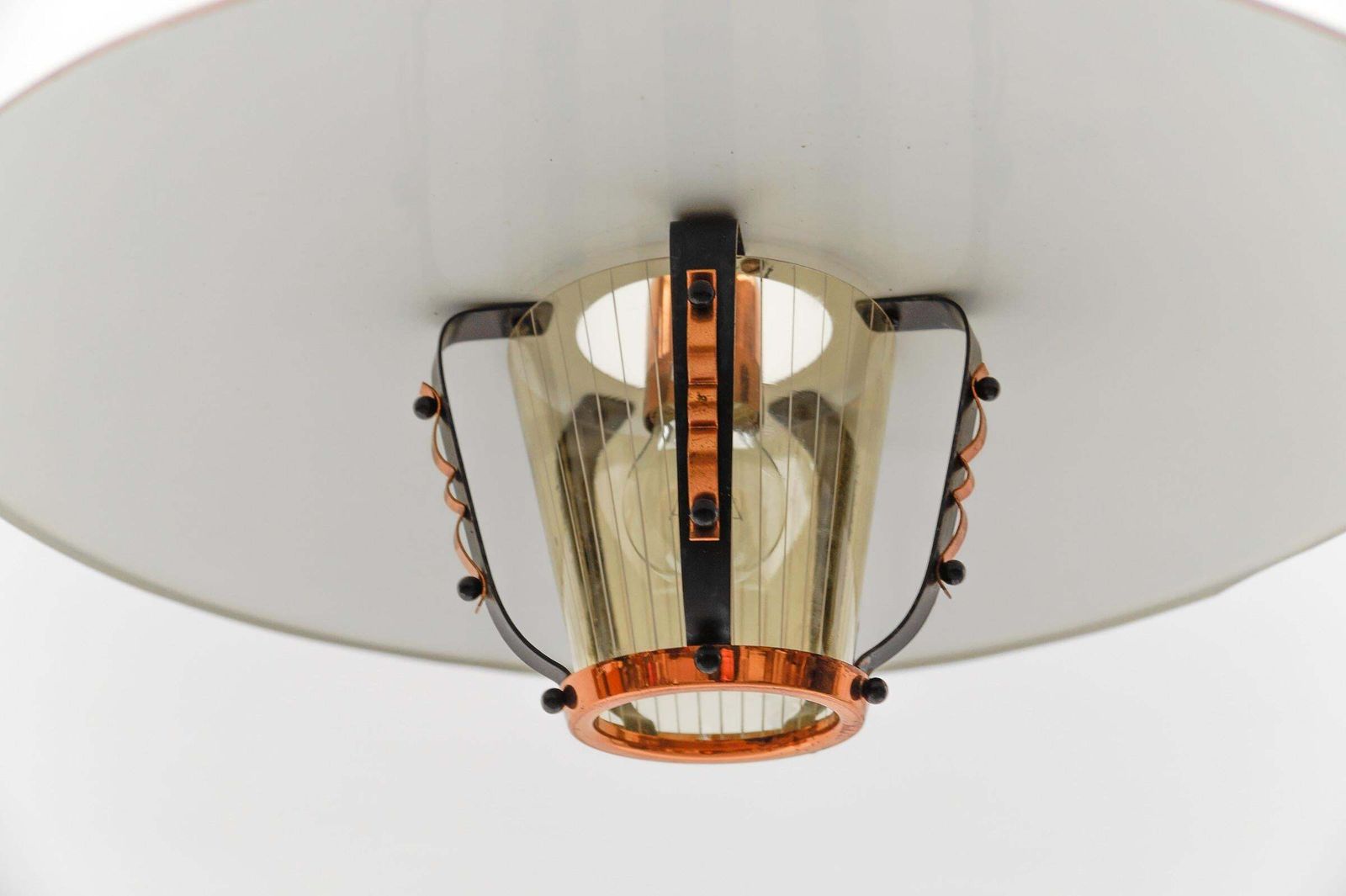 photo for sale Beautiful Mid Century Modern Hanging Lamp In Glass, Copper And Metal, 1950s