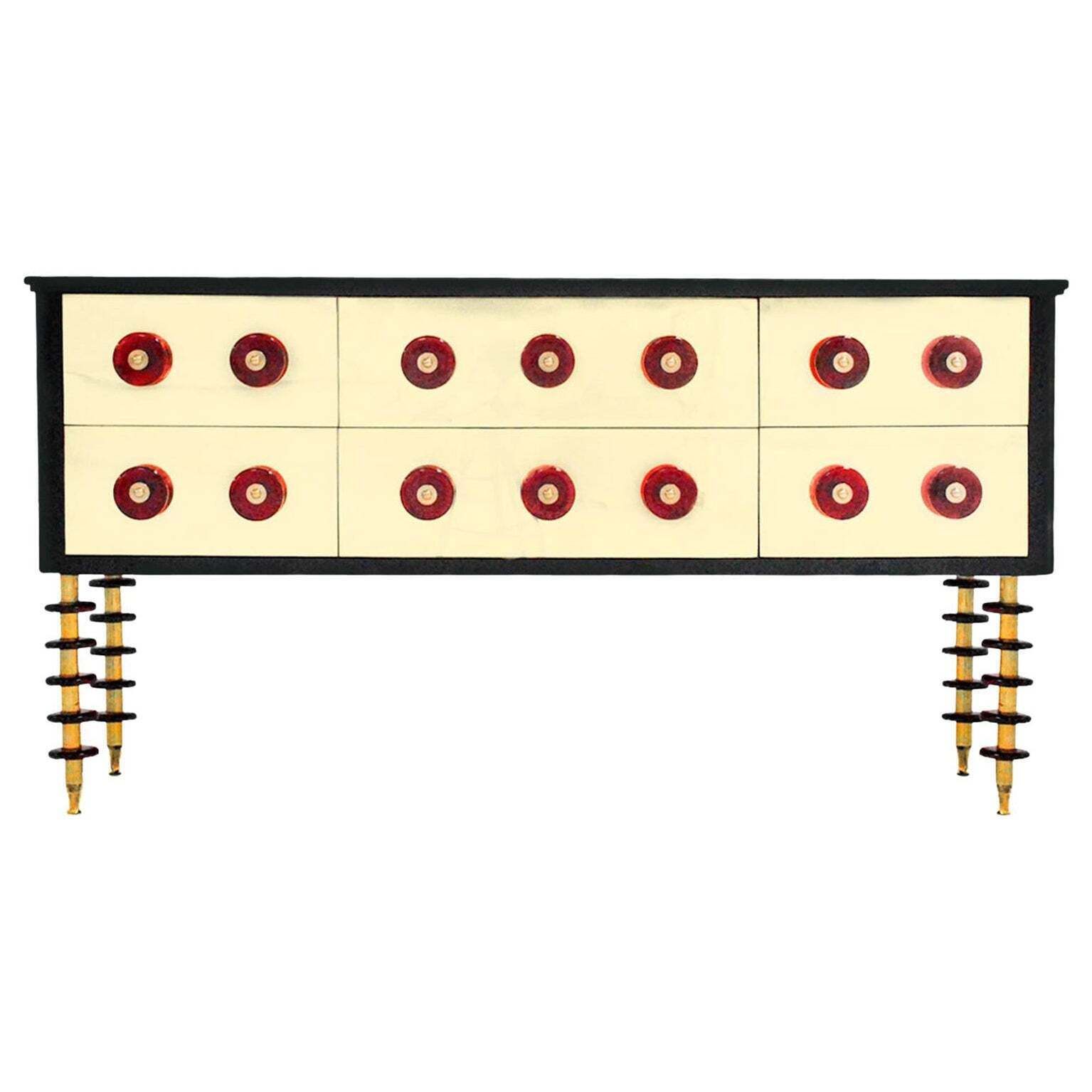 Midcentury Style Italian Sideboard Made Of Solid Wood Murano Glass And Brass