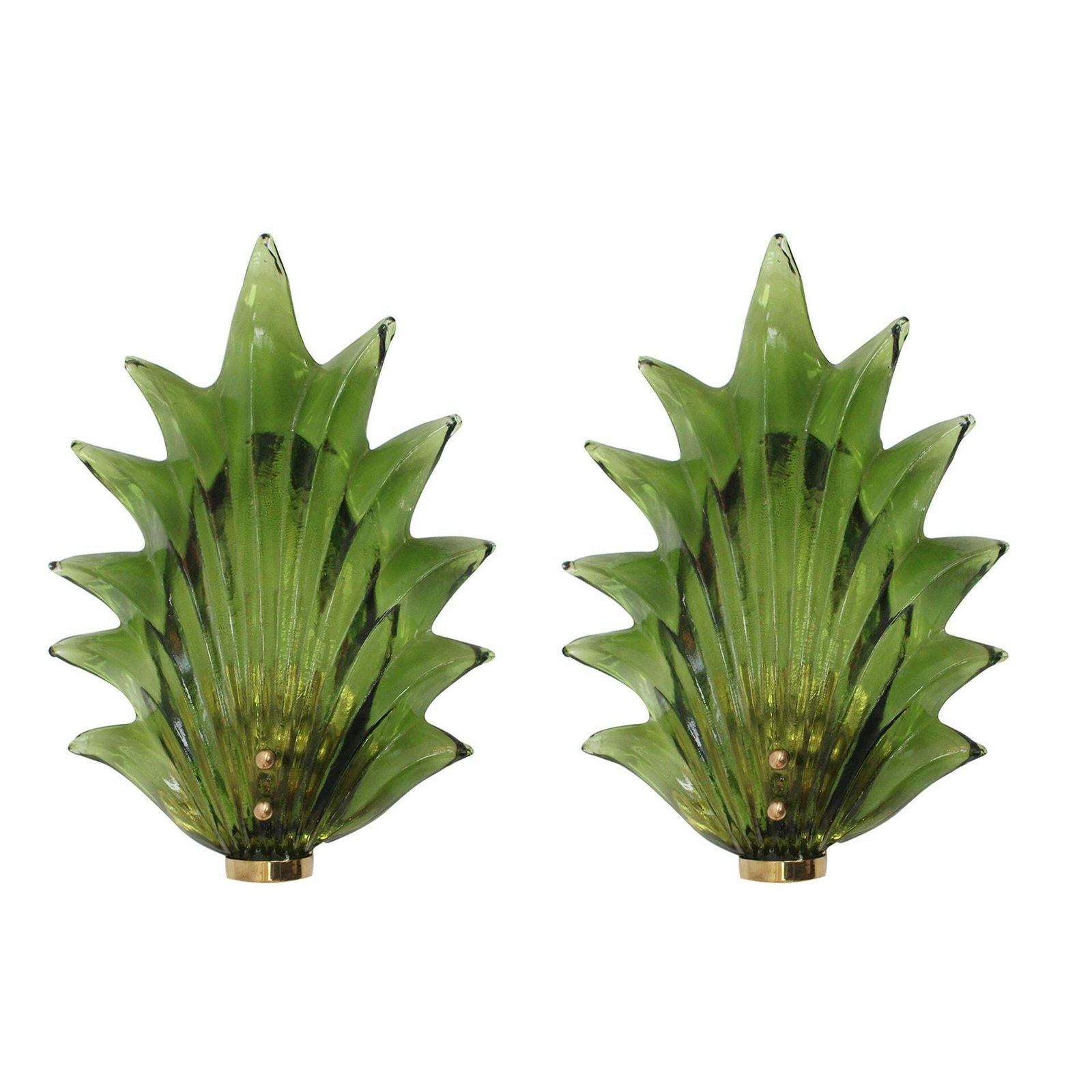 Pair Of Floral Murano Glass Wall Sconces In Green, Italian Art Glass Lighting