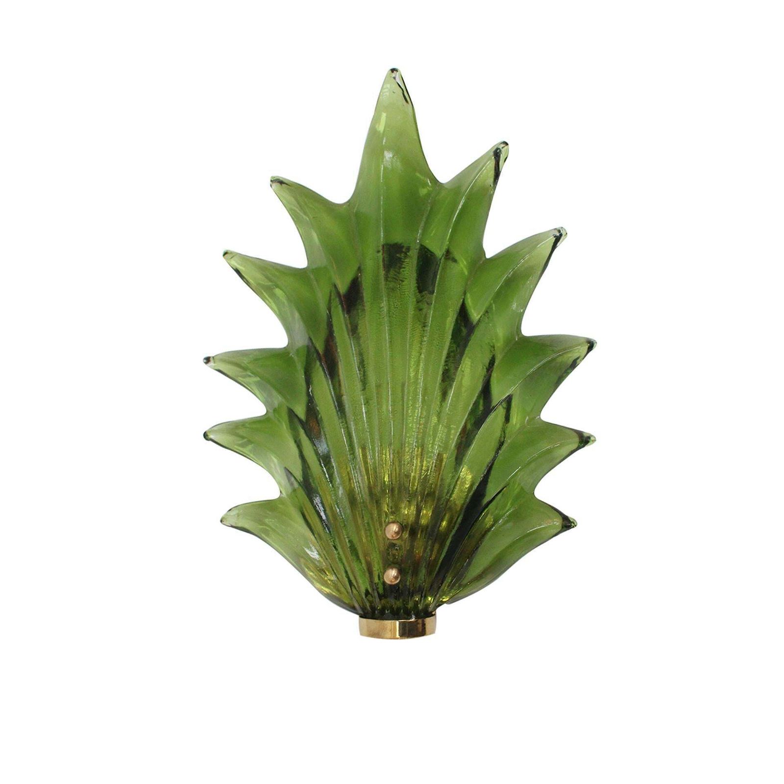 Pair Of Floral Murano Glass Wall Sconces In Green, Italian Art Glass Lighting photo for sale