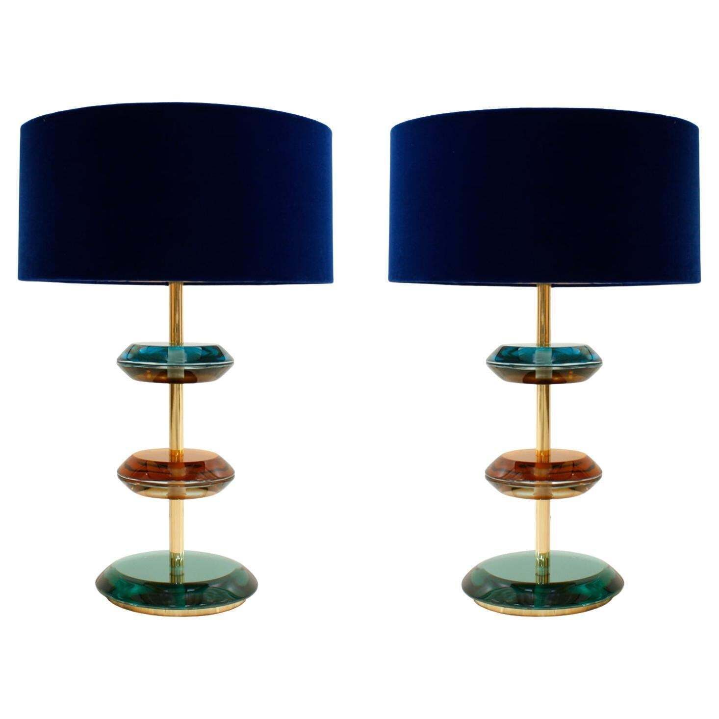 Mid Century Modern Style Murano Glass And Brass Pair Of Italian Table Lamps