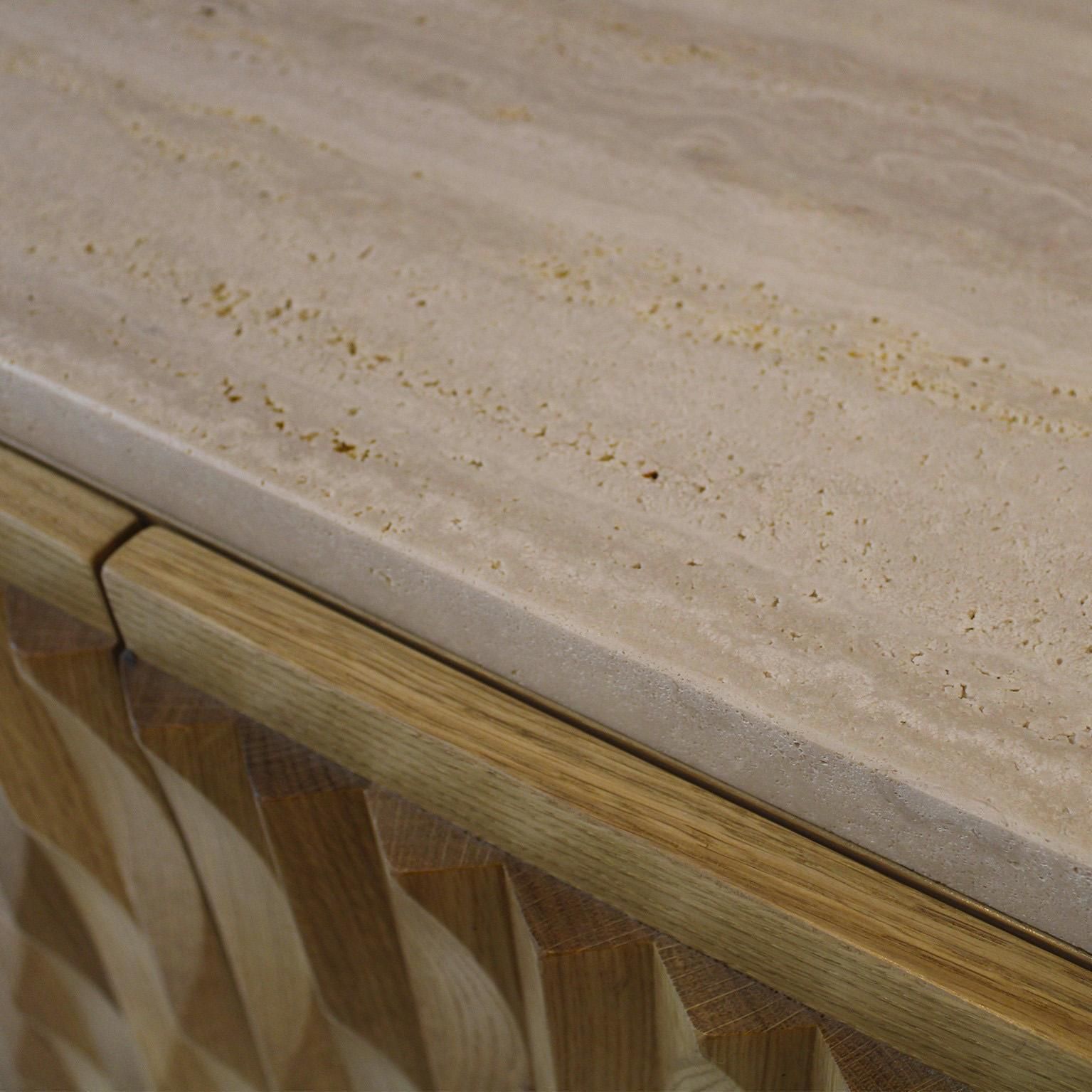 Italian Oak Wood Sideboard With Hand Carved Patterns And Travertine Marble Top photo buy