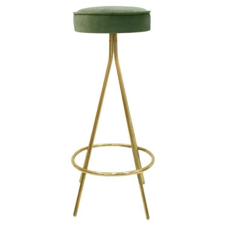 Midcentury Style Circular Brass And Cotton Velvet Italian Bar Stools, Set Of 3