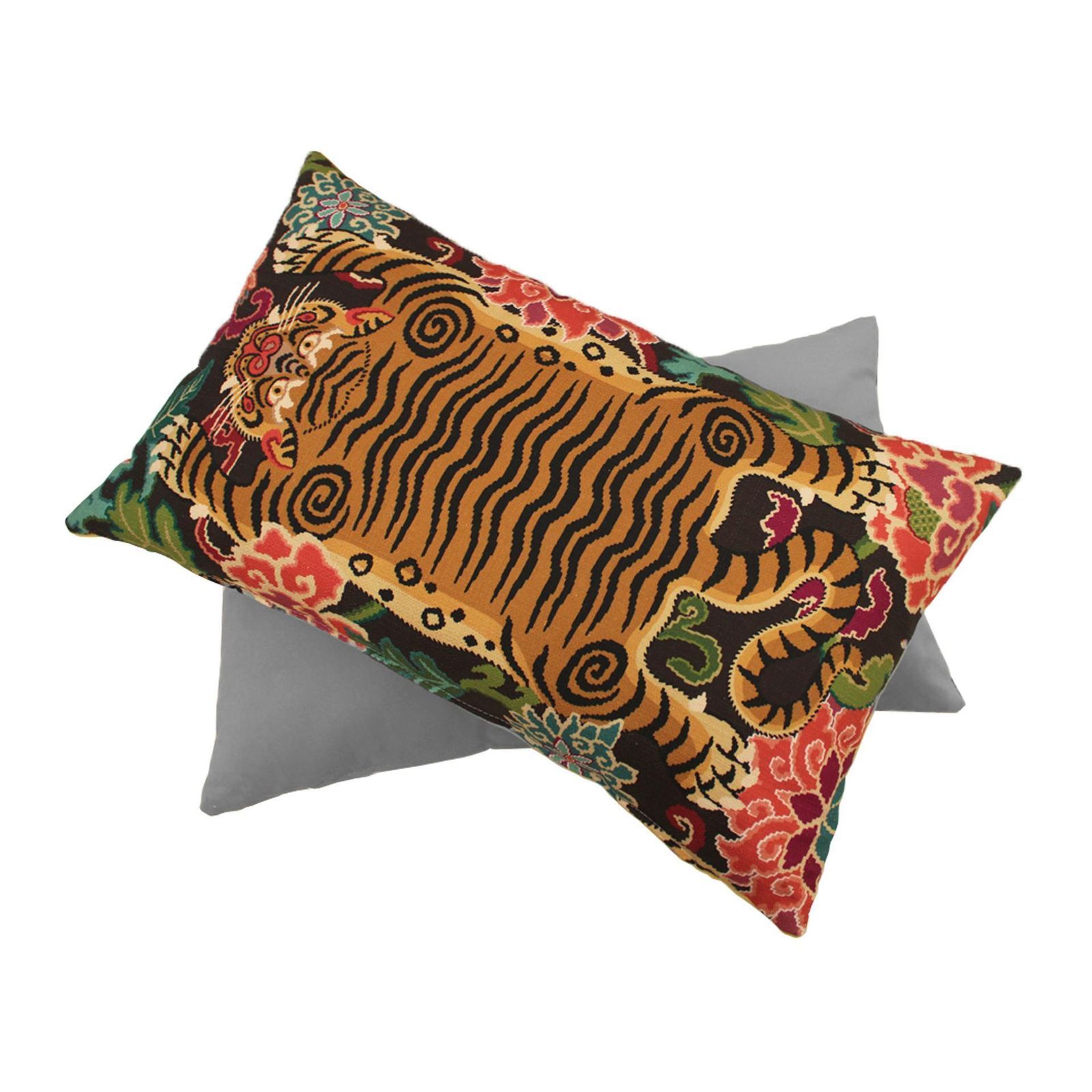 Pair Of Cushions With Contemporary Jungle Print & Grey Velvet And Cotton photo for sale