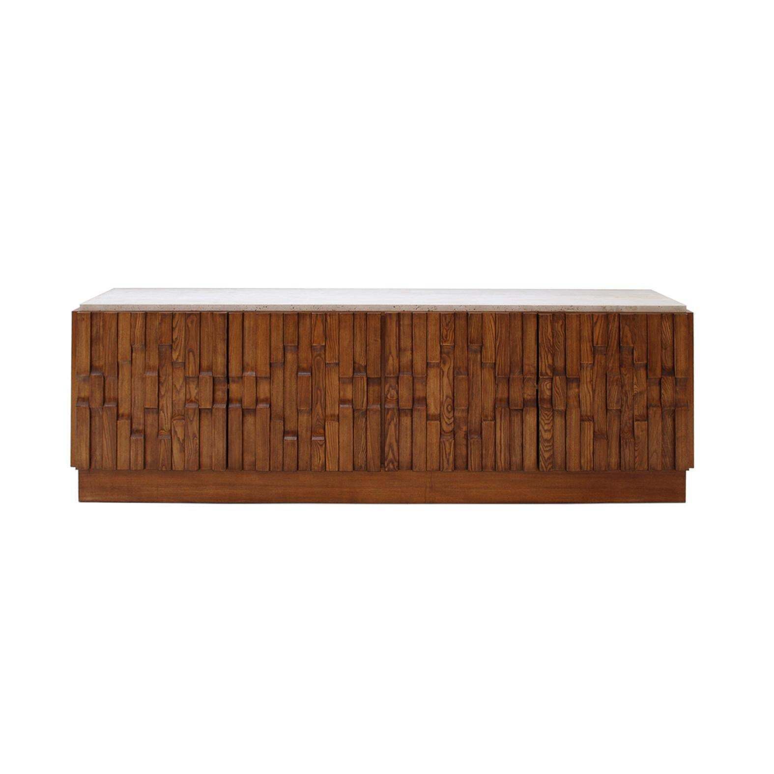 Italian Oak Wood Sideboard With Travertine Marble Top And Hand Carved Patterns photo furniture