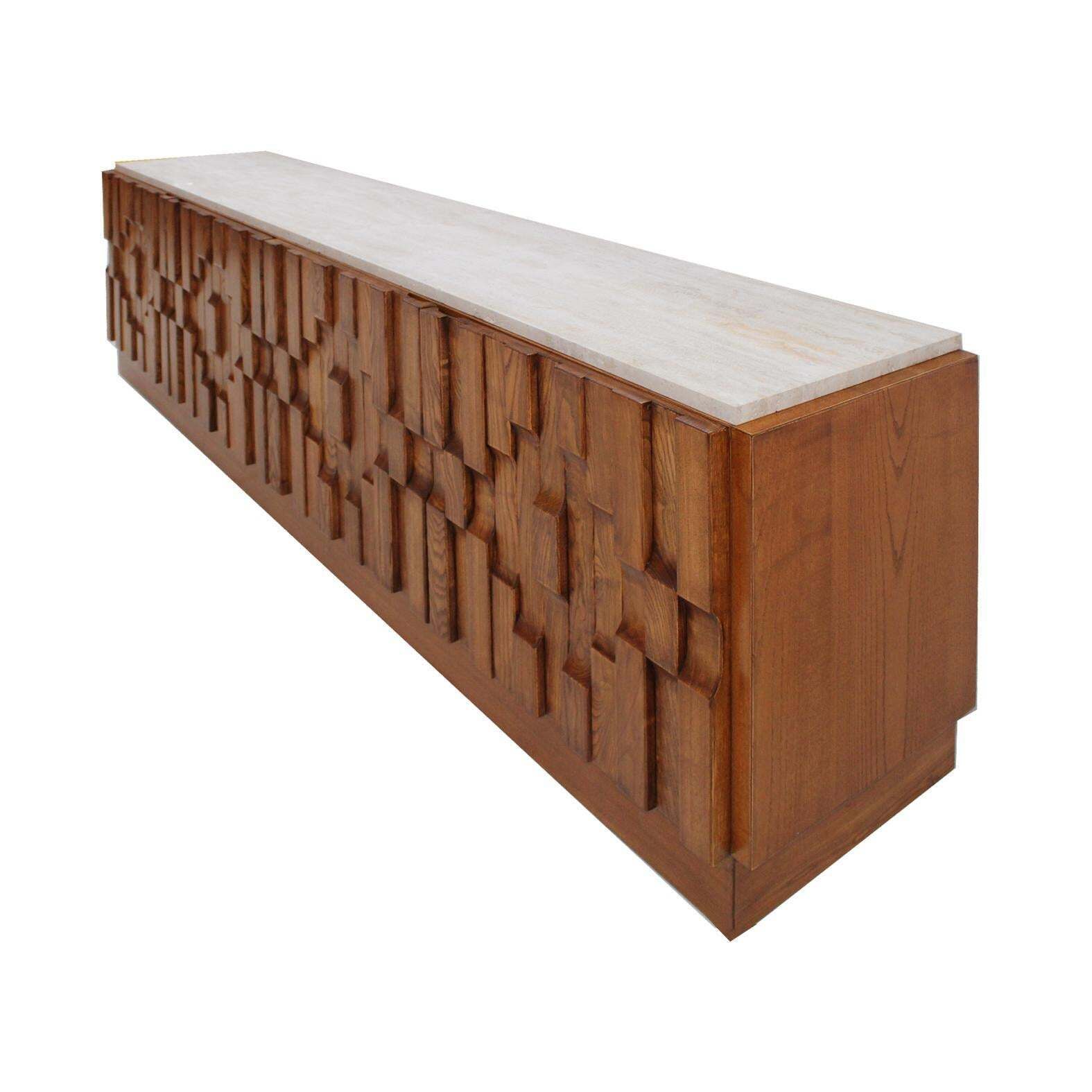 photo furniture Italian Oak Wood Sideboard With Travertine Marble Top And Hand Carved Patterns