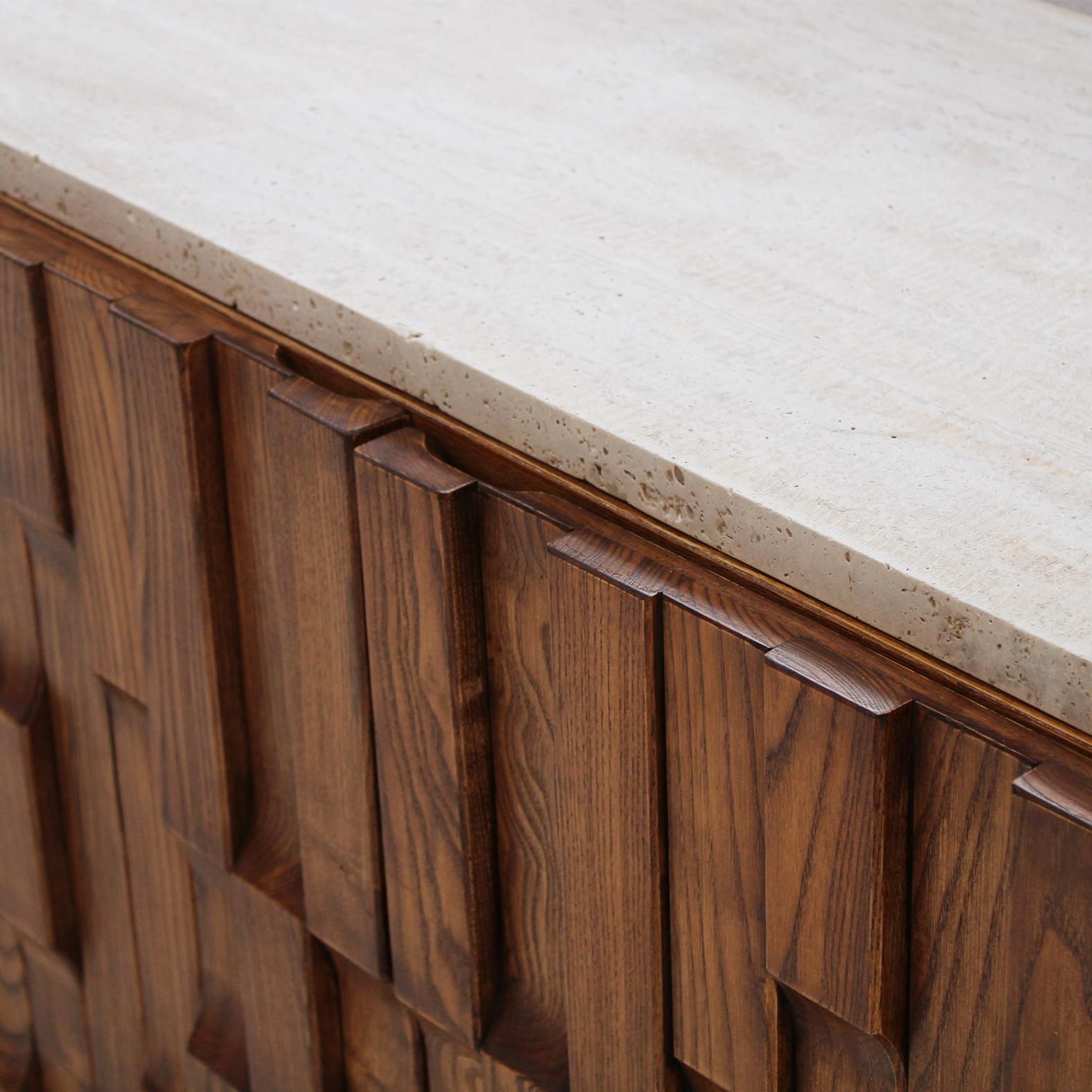 photo for sale Italian Oak Wood Sideboard With Travertine Marble Top And Hand Carved Patterns