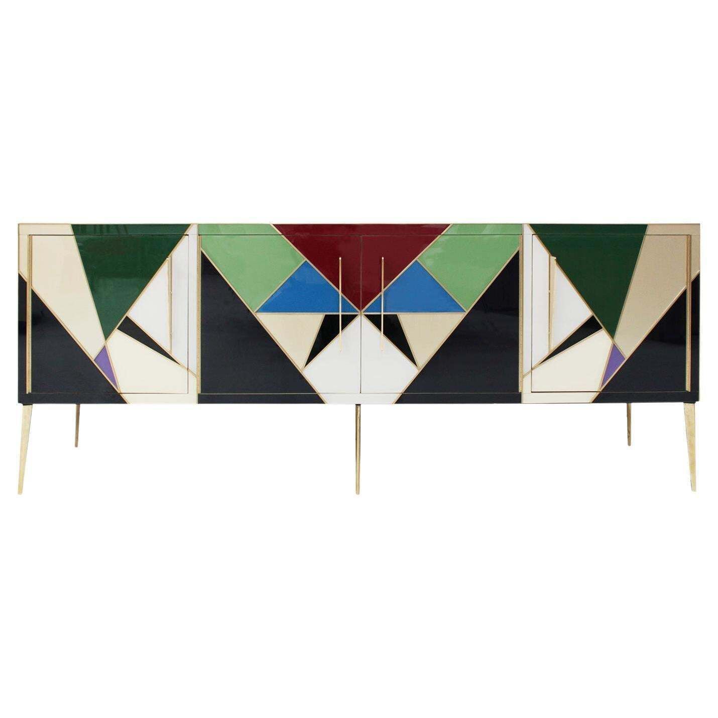 Mid Century Modern Style Italian Sideboard Made Of Wood Brass And Colored Glass