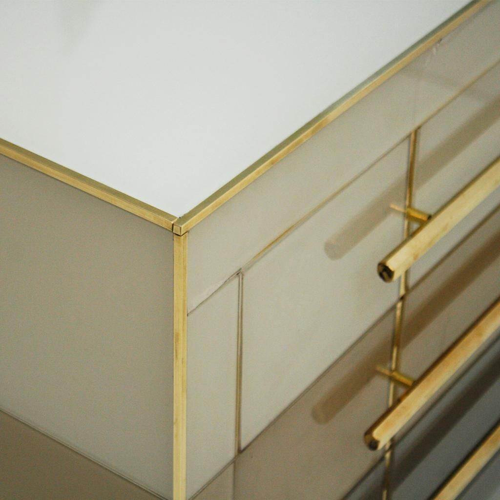 photo for sale Mid Century Modern Style Murano Glass And Brass Pair Of Italian Commodes