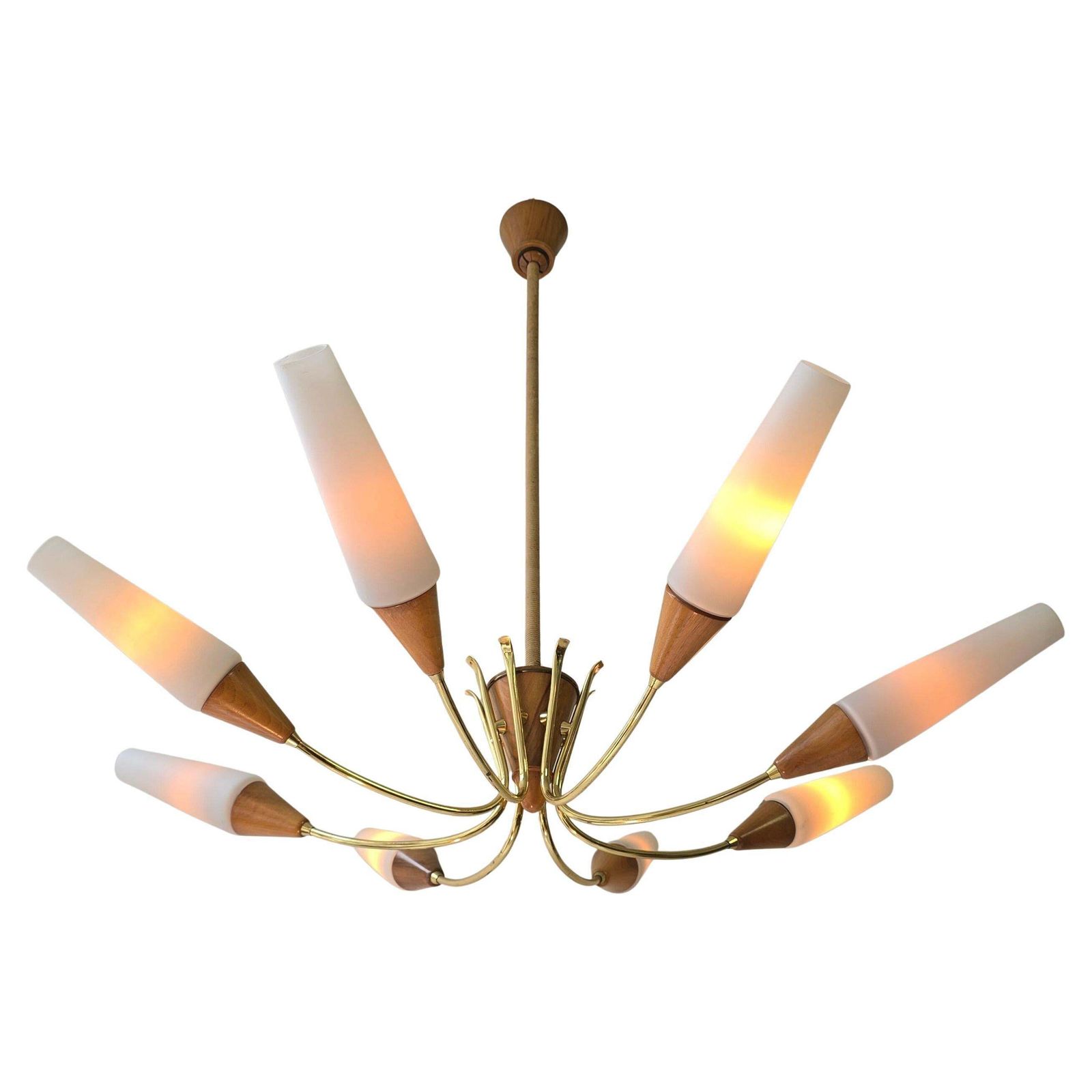 Large 1950s Italian Chandelier In Brass, Glass And Wood