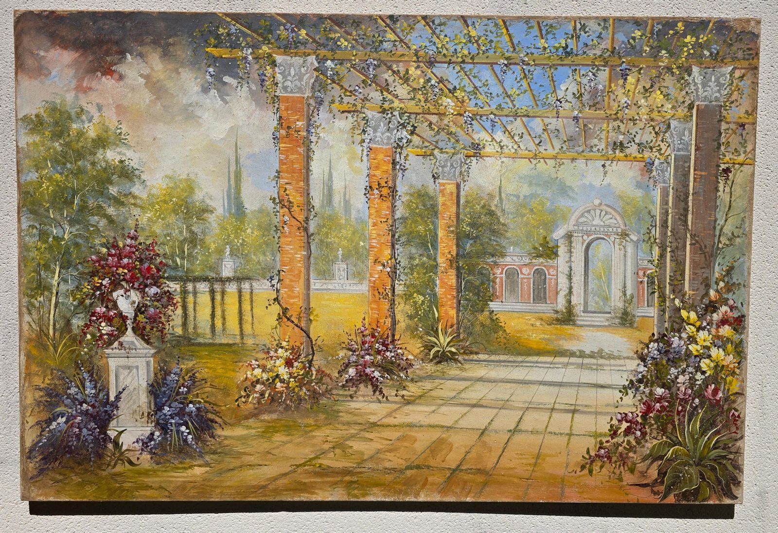 Authentic Italian Fresco On Canvas – “Giardino Con Colonne” Roman Villa Garden photo furniture