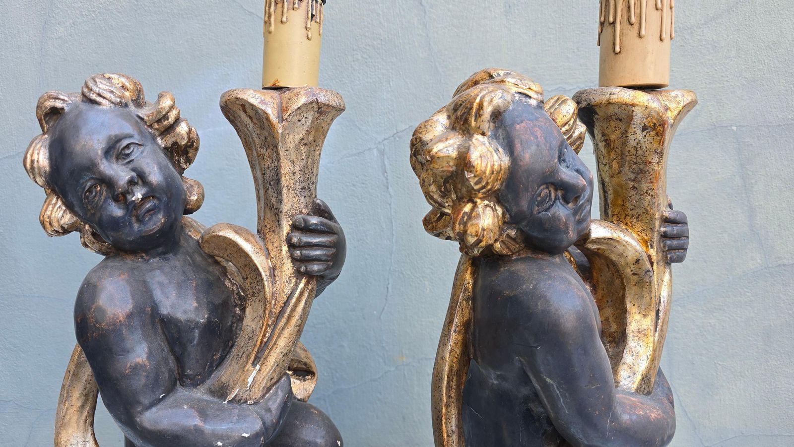 Pair Of Italian Hand Carved Cherub Lamps In Gilded Wood, Circa 1940 photo Lighting