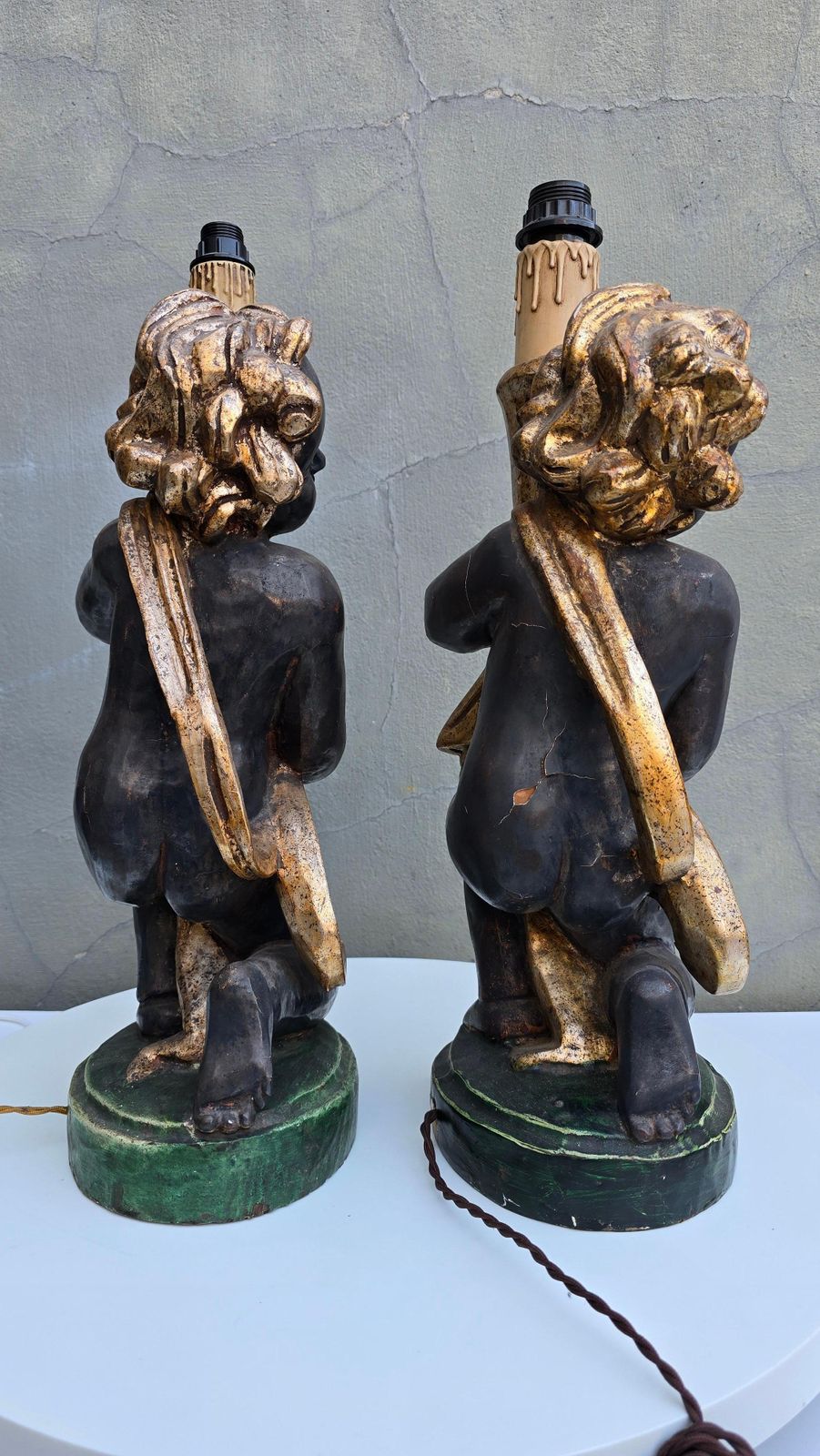 photo furniture Pair Of Italian Hand Carved Cherub Lamps In Gilded Wood, Circa 1940