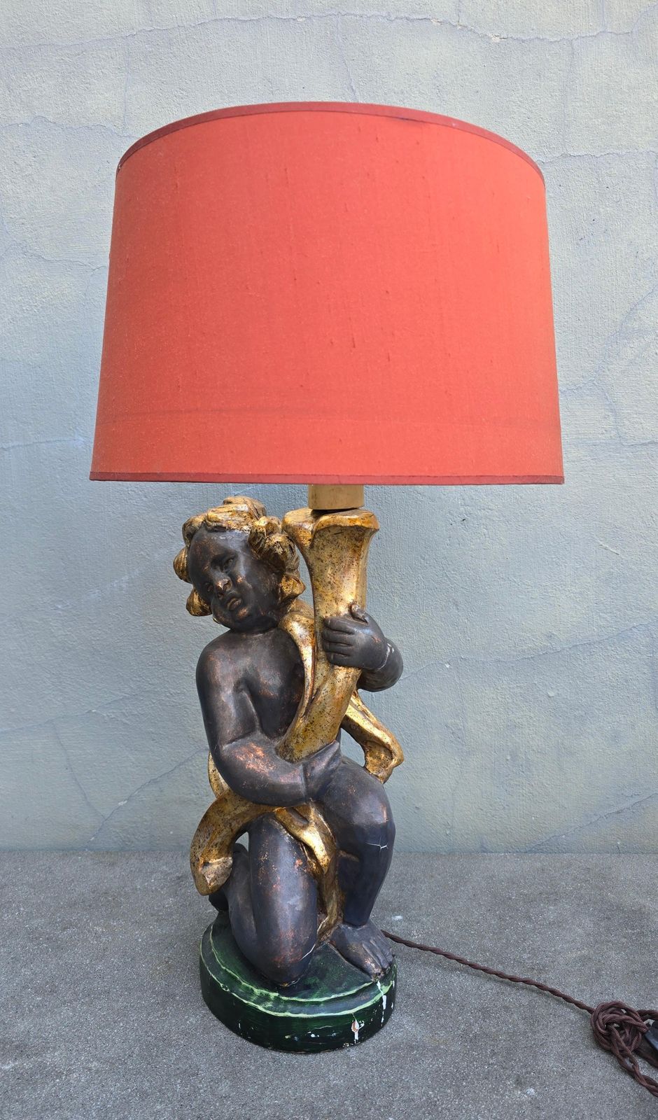 Lighting Pair Of Italian Hand Carved Cherub Lamps In Gilded Wood, Circa 1940 photo