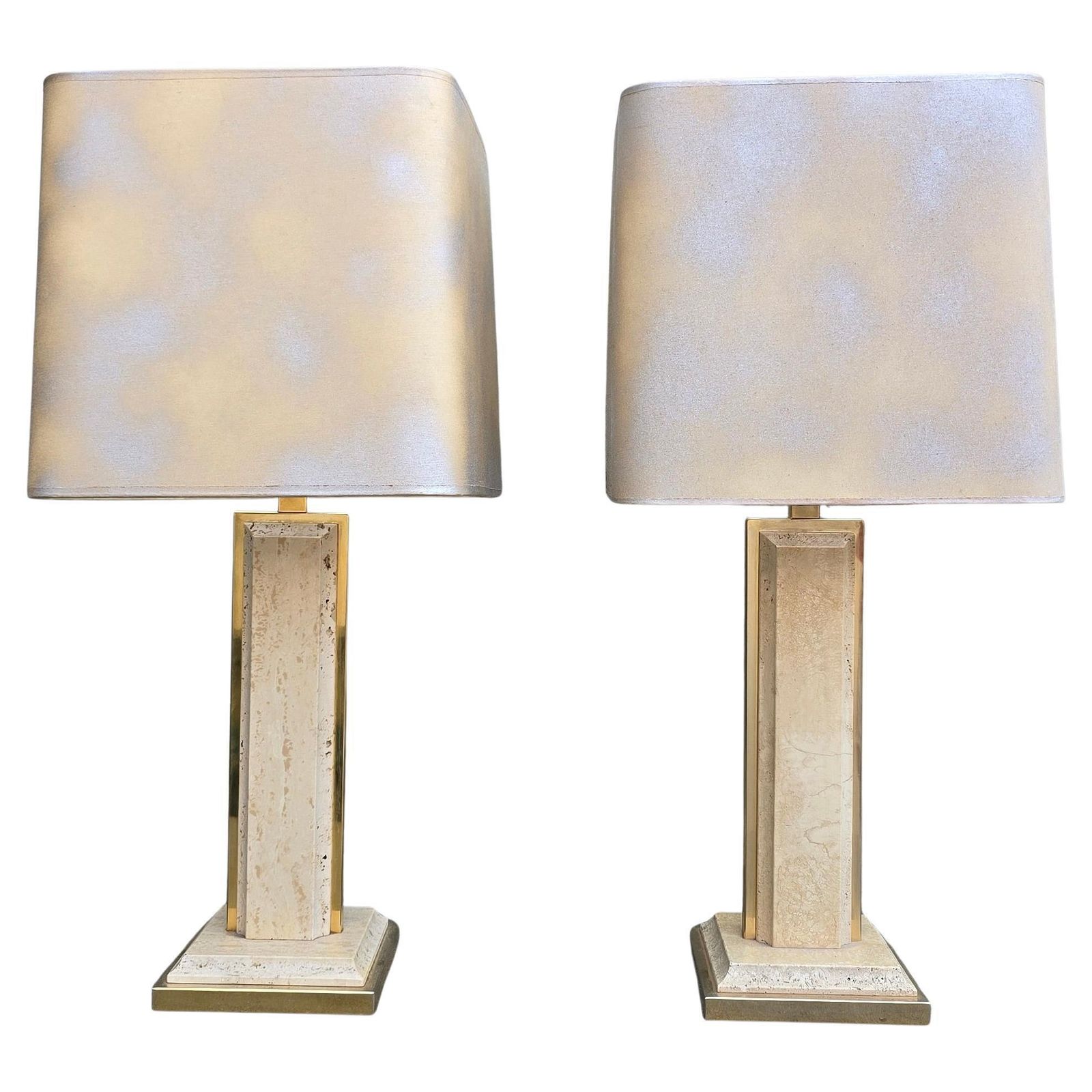 Pair Of Travertine And Brass Lamps With Square Shades – Italy, Circa 1970 photo furniture