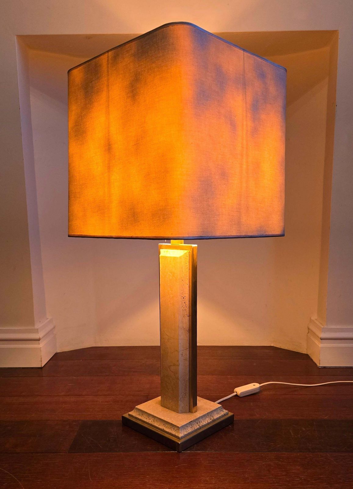 Pair Of Travertine And Brass Lamps With Square Shades – Italy, Circa 1970 photo Lighting