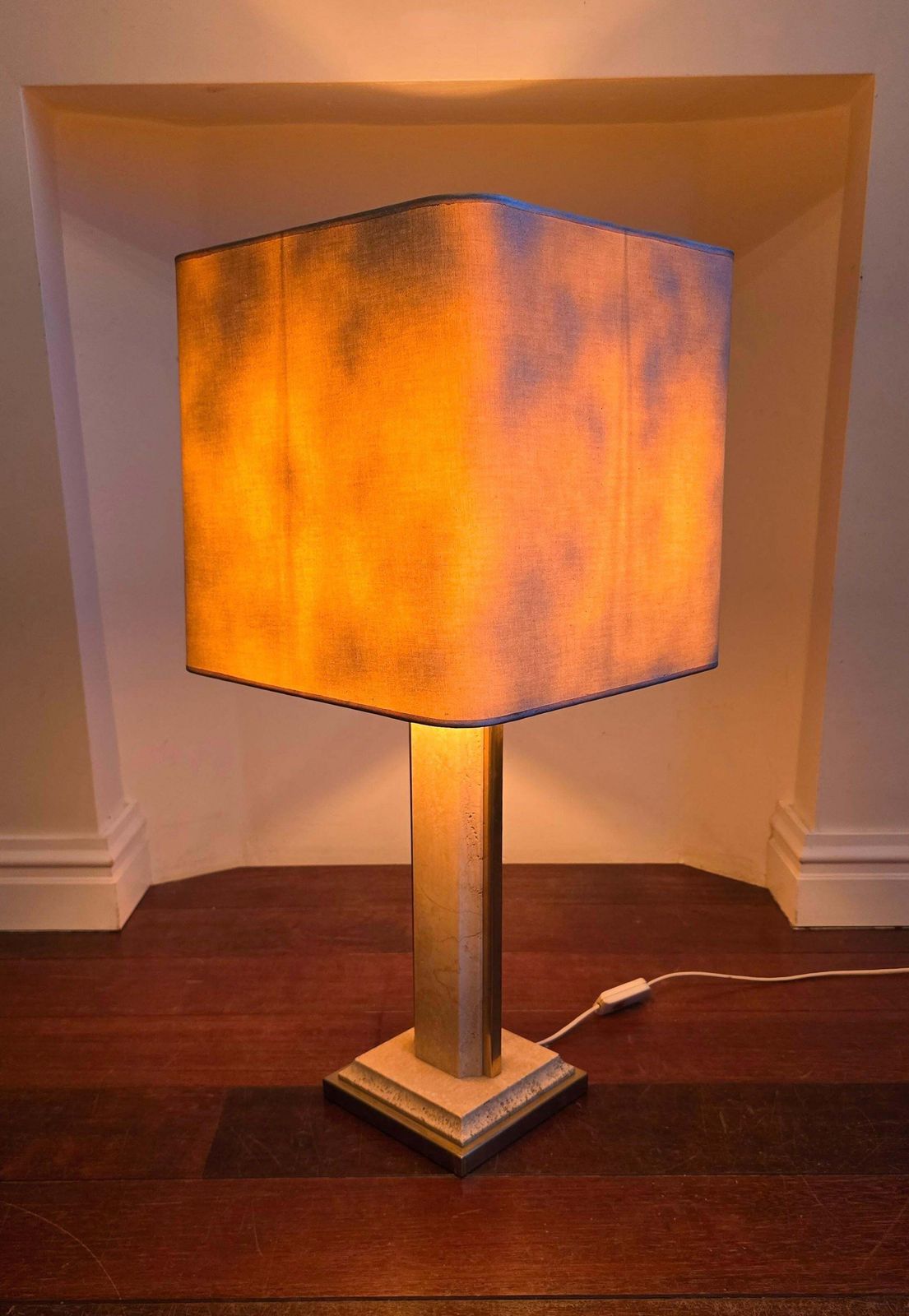 Pair Of Travertine And Brass Lamps With Square Shades – Italy, Circa 1970 photo 2402.0
