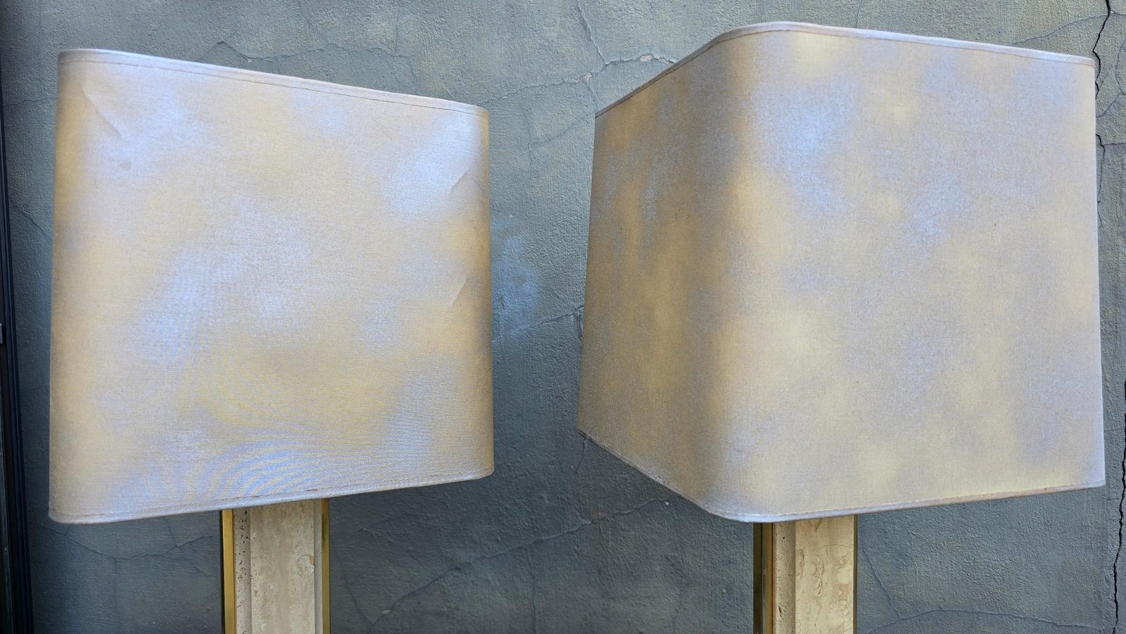 Lighting Pair Of Travertine And Brass Lamps With Square Shades – Italy, Circa 1970 photo